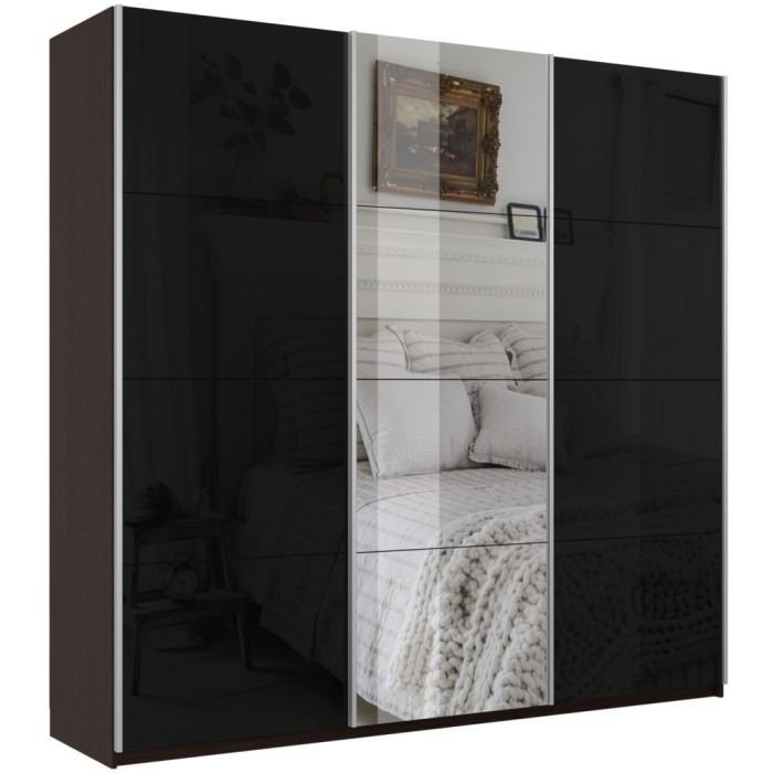 Шкафы-купе 3-х дверные, Шкаф-купе Прайм 3-х дверный Стекла черные/Зеркало/Доводчики 180х57х230