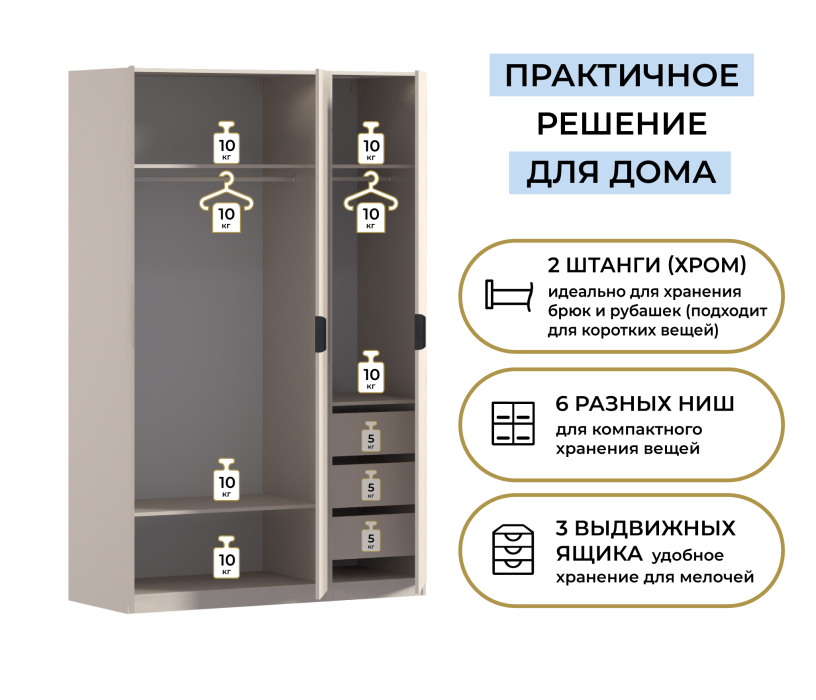 Для одежды, Шкаф трехдверный Макс 1500 мм, вариант №4 (ЛДСП)