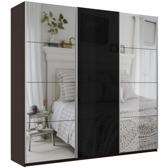 Шкафы-купе 3-х дверные, Шкаф-купе Прайм 3-х дверный Зеркала/Стекло черное/Доводчики 210х57х230