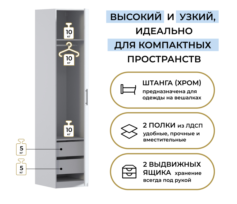 Для одежды, Шкаф однодверный Макс 500 мм, вариант №3 (ЛДСП)