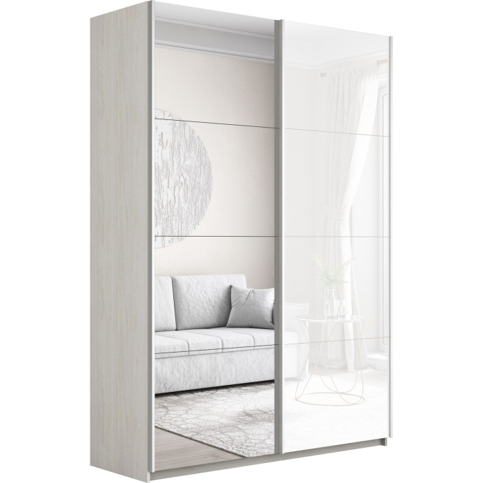 Шкафы-купе 2-х дверные, Шкаф-купе Прайм 2-х дверный Зеркало/Стекло белое/Доводчики 140х57х230