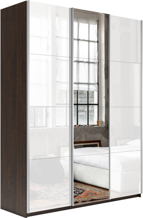 Шкафы-купе 3-х дверные, Шкаф-купе Прайм 3-х дверный Стекла белые/Зеркало/Доводчики 210х57х230