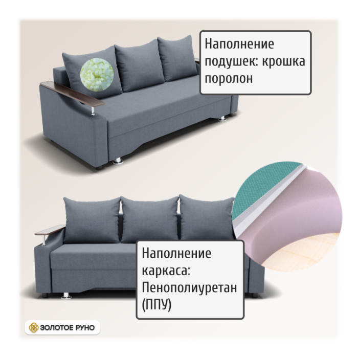 Диваны с ящиком для белья, Прямой диван Квадро-1 ППУ, велюр