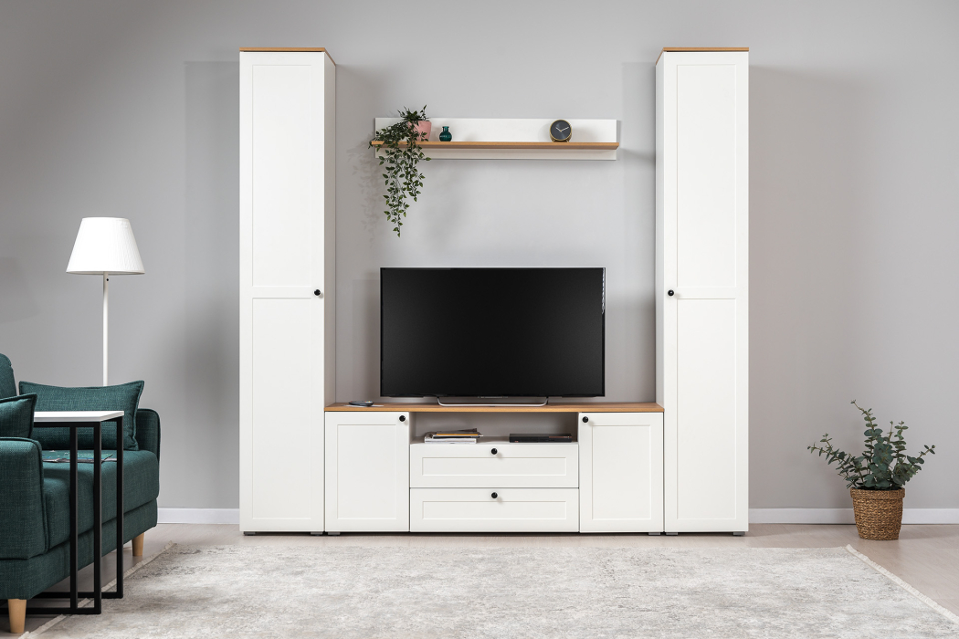 Настенные полки, Полка Остин 16.484, белая шагрень, дуб золотой крафт